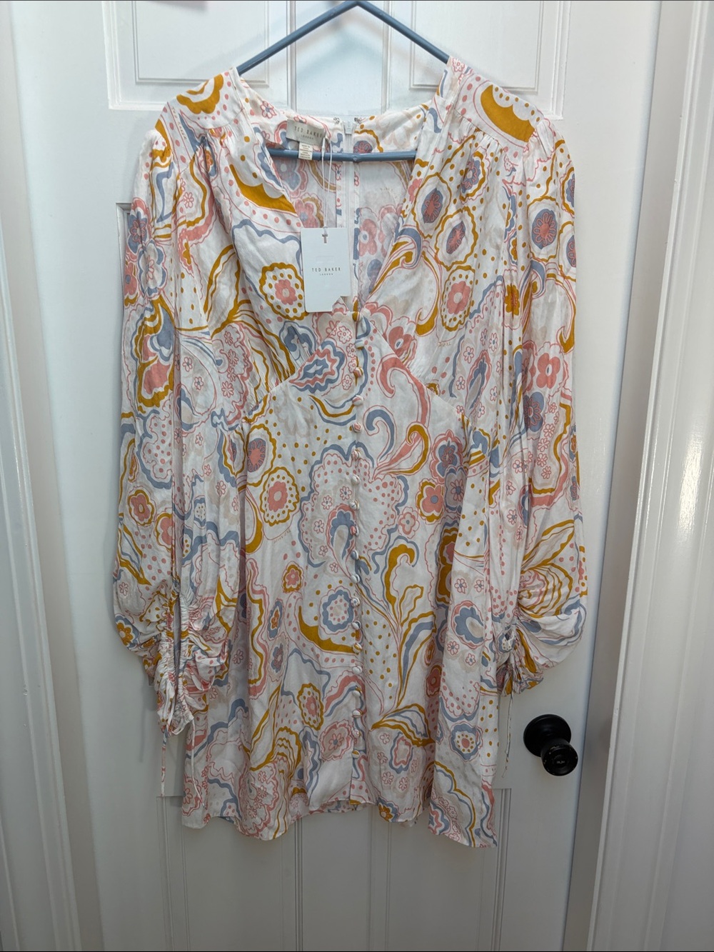 Ted Baker White Paisley-Print Peasant Drews with Mustard & Pink Accents